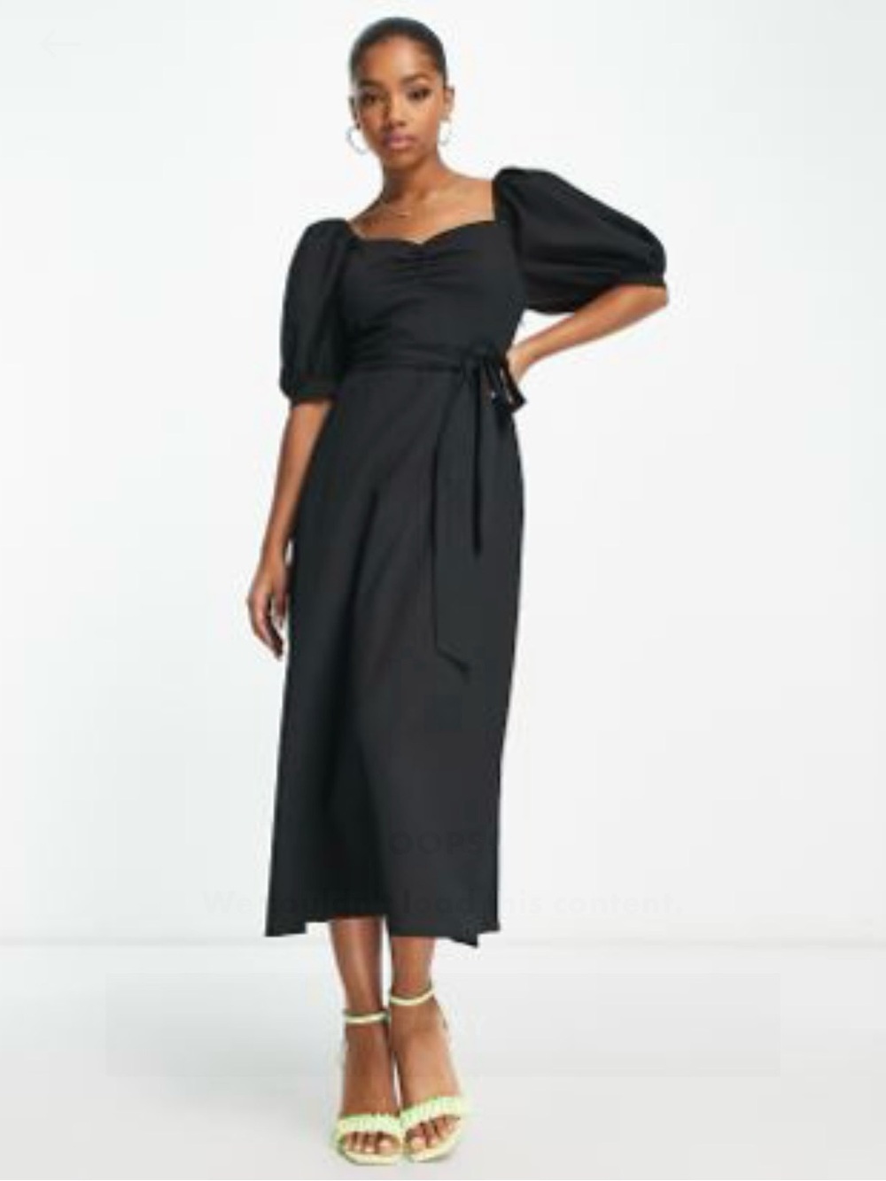 NWT Classic Black Puff-Sleeve Midi Dress with Self-Tie Waist